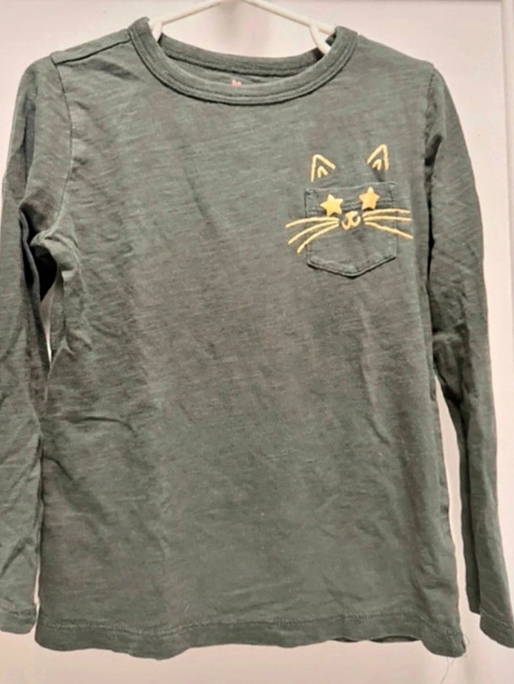 crewcuts Heather Gray Peeking Cat Pocket Tee Green Girls XS (4-5)
